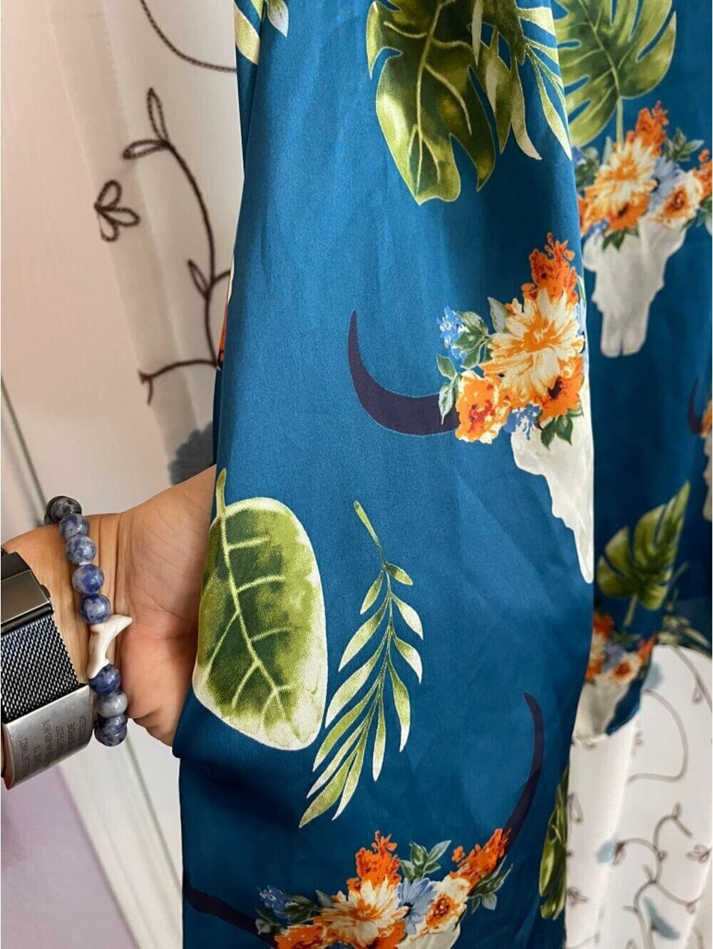 Berry N Cream | Sz L | Teal Floral and Skull Print Boho Mini Dress - Picture 5 of 7